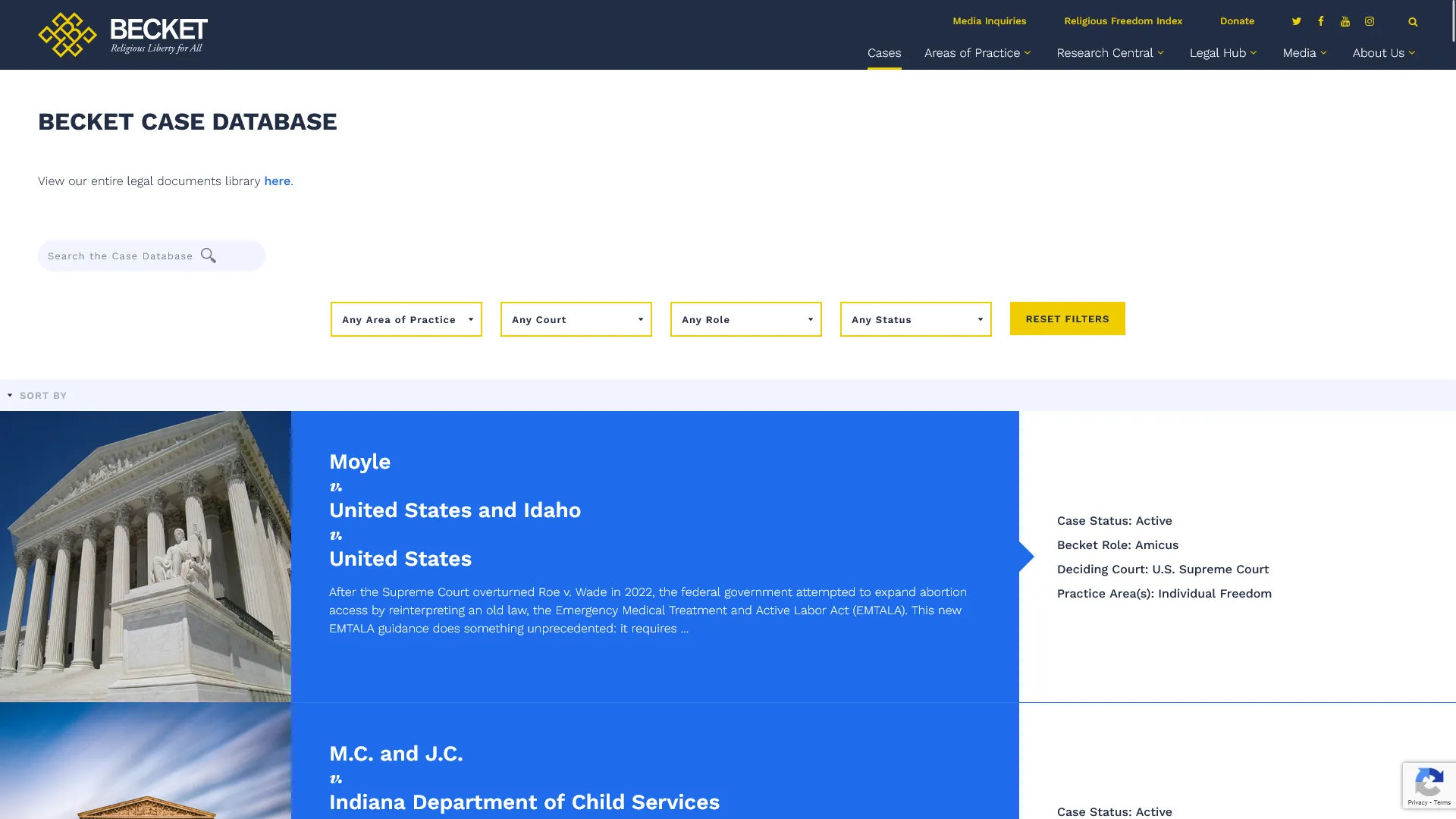 Screenshot of the Becket Law cases search UI.