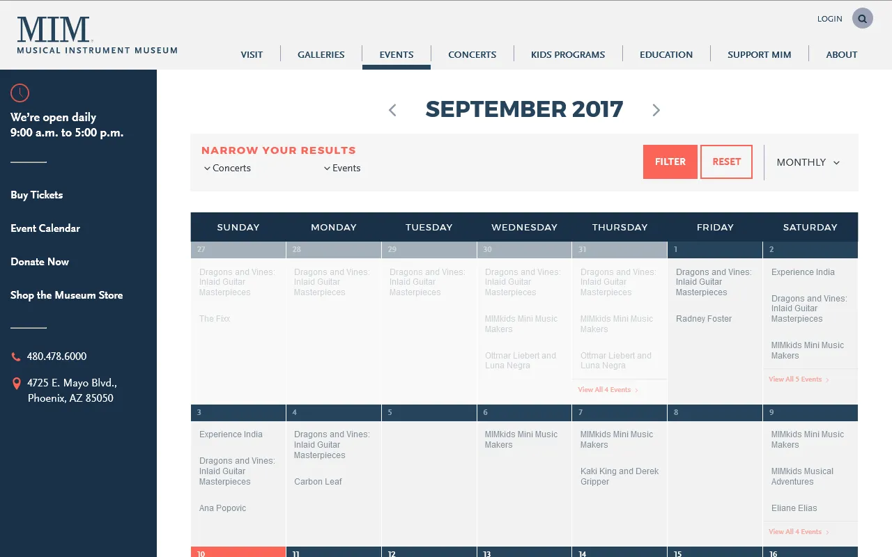 Screenshot of the Music Instrument Museum events calendar page.