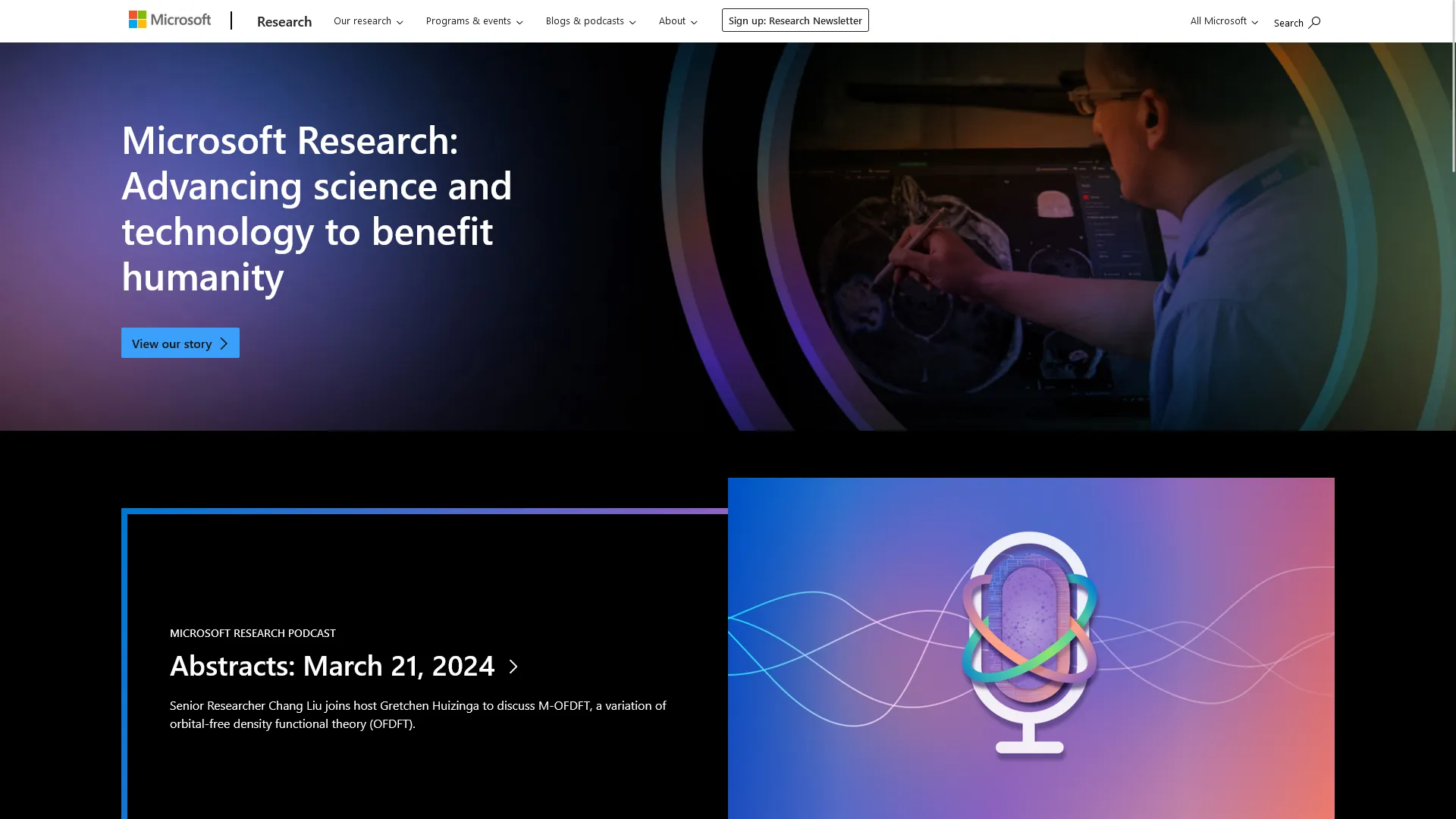 Screenshot of the Microsoft Research homepage after the Moray conversion.